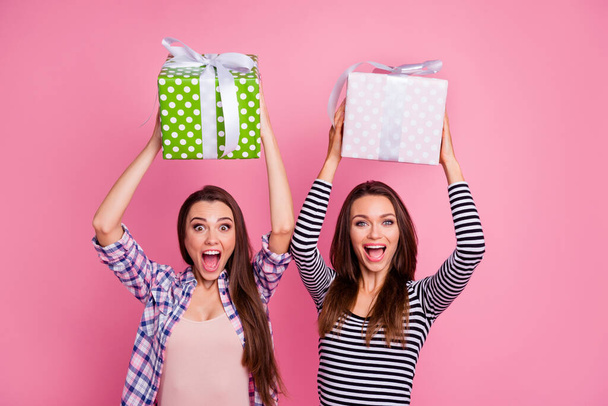 Photo of two excited overjoyed girls hold big giftbox above head isolated on pink color background - Foto, afbeelding