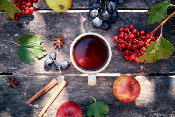Hangulatos őszi rusztikus csendélet: csésze tea, szőlő, alma, vibrurna és fahéj pálcikák trendi árnyalatokkal. Őszi esztétikai kényelem. Hálaadás napi fogalom. Őszi szabadtéri. - Fotó, kép