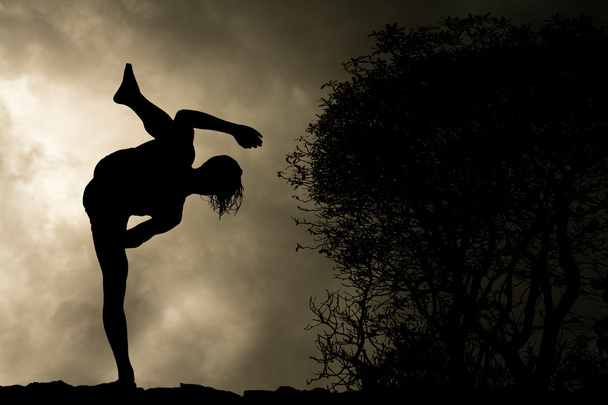 az ember gyakorlatot harcművészeti magas rúgás silhouette háttér - Fotó, kép