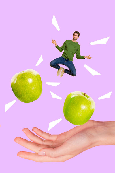 Vertical composite image of big human hand hold peaceful person meditate two apples isolated on creative background - Fotografie, Obrázek