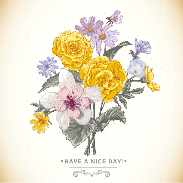 Винтажный цветочный букет, ботаническая открытка
 - Вектор,изображение