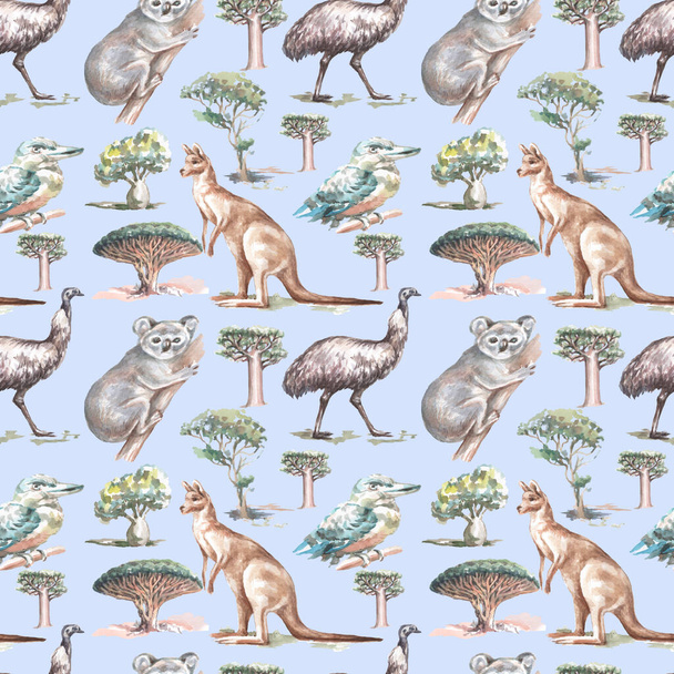 Dieren Australië grafische illustratie hand getekend koala struisvogel emu geïsoleerde patroon naadloos - Foto, afbeelding