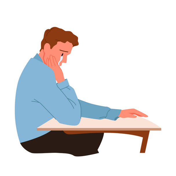 Young sad man crying, frustrated person sitting at table alone with tears on face - Vector, Image