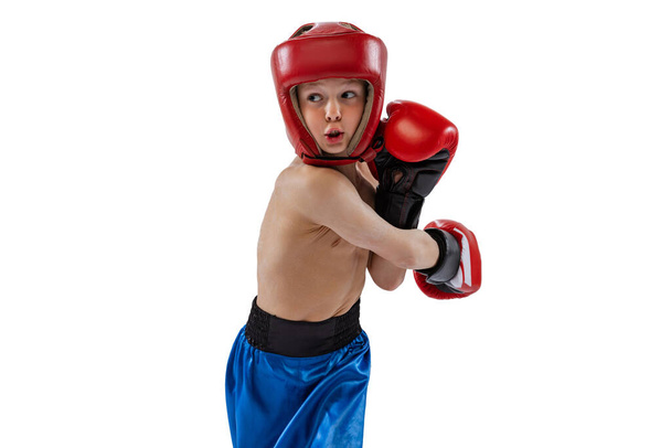 Portrét malého chlapce, dítě v boxerských rukavicích a trenýrkách, trénink izolovaný na bílém pozadí studia. Pojetí sportu, pohybu, studia, úspěchů v životním stylu. - Fotografie, Obrázek