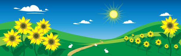 Illustratie van een veld met zonnebloemen. De natuur is een vruchtbaar land, de schoonheid van de natuur is de blauwe lucht, zonnebloemen, witte konijnen springen op het gras. De schoonheid van de Oekraïense natuur. - Vector, afbeelding
