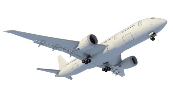 Das Flugzeug hebt ab und zieht das Fahrwerk ein. 3D-Darstellung - Filmmaterial, Video