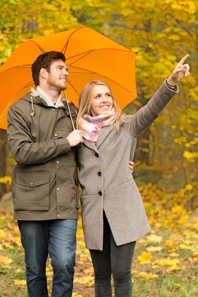 smiling couple with umbrella in autumn park - Fotoğraf, Görsel