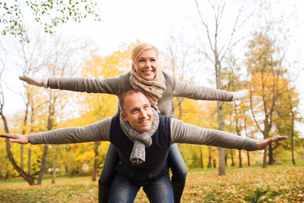 smiling couple having fun in autumn park - 写真・画像