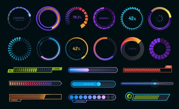 Loading progress bars, load or download and upload web icons, vector round graphs. Circle loaders and speed, status or loader percentage progress bars for website or internet page in neon gradient - Vector, Image
