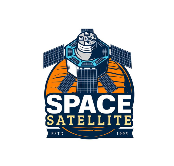 Icono de vector satelital espacial con antenas, paneles solares y planeta galaxia. Satélite de telecomunicaciones símbolo aislado. Tecnología de telecomunicaciones, televisión, telefonía y radiodifusión - Vector, Imagen