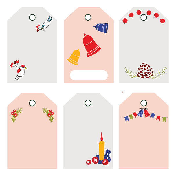 Tags set with birds, bells, tree cones, candle.  - Vector, afbeelding