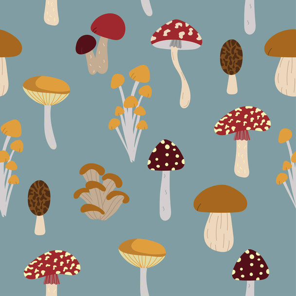 Seamless pattern design. Autumn backdrop for wallpaper, print, textile, fabric, wrapping. Mushrooms isolated on blue background - Wektor, obraz