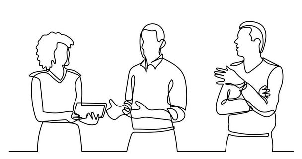 vector illustration of continuous line drawing of business people standing talking about work tasks - Wektor, obraz