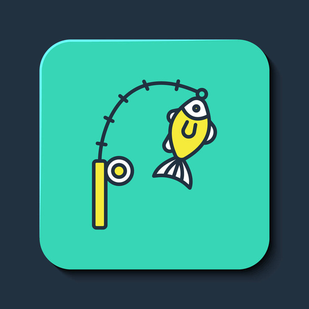 Заполненный очертания удочка и иконка рыбы изолированы на синем фоне. Рыболовное оборудование и темы рыбоводства. Кнопка бирюзового цвета. Вектор - Вектор,изображение