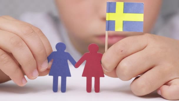 Χάρτινες γυναίκες στα χέρια ενός αγοριού με σουηδική σημαία. - Πλάνα, βίντεο