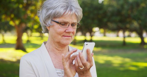 Senior mulher mensagens de texto no smartphone no parque
 - Foto, Imagem