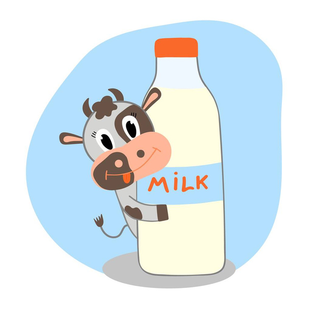 世界ミルクデー。可愛い牛が牛乳を持っています。6月1日休日。健康食品。ロゴ、ラベル、バッジまたはデザイン。ベクターイラスト. - ベクター画像