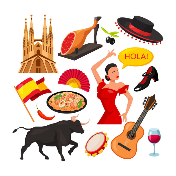 Set of more than 12 Spanish symbols: bull, guitar, paella, wine, olives, architecture, flag, Jamon, and others - Vector, Image