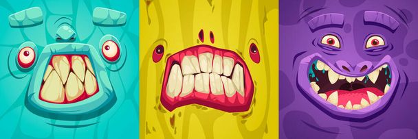 Monster-Mund-Design-Konzept Set aus drei bunten quadratischen Bildern des Seins Gesichter mit entblößten Zähnen flache Vektorillustration - Vektor, Bild