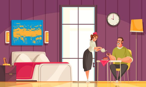 Hotel room interior flat composition with chambermaid pouring tea guest sitting at set table vector illustration - Vector, Image