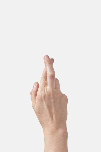 Buitenkant vrouwelijke gebarentaal gebarentaal gebaar brief R. Vinger spelling in Amerikaanse alfabet spelling geïsoleerd op witte achtergrond. - Foto, afbeelding