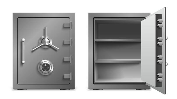 Bezpečné skříňky dveře složení s bankovními symboly realistické izolované vektorové ilustrace - Vektor, obrázek