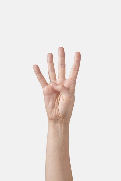 Numeric count on fingers, male hand in vertical position with 4, four, fourth finger sticking out isolated on white background. Counting fingers concept. - Photo, image