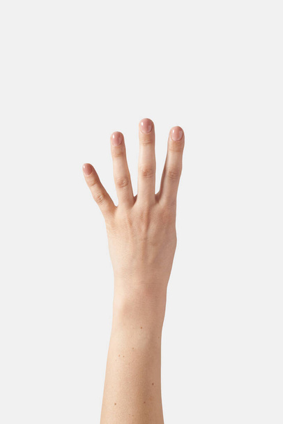 Číselný počet na prstech, ženská vnější ruka se zápěstím ve svislé poloze s jedním, 4, 4, čtvrtý izolovaný na bílém pozadí. Počítání na prstech nastaveno. - Fotografie, Obrázek