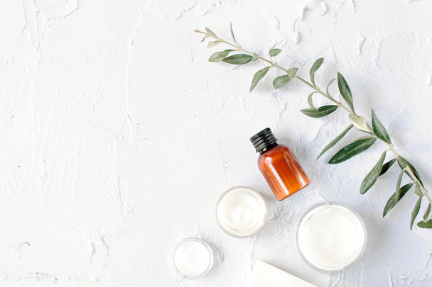 Jars of cream and branche of olive tree are on a white textured background. Free space for text. The theme of natural cosmetics. View from the top point. - Foto, afbeelding