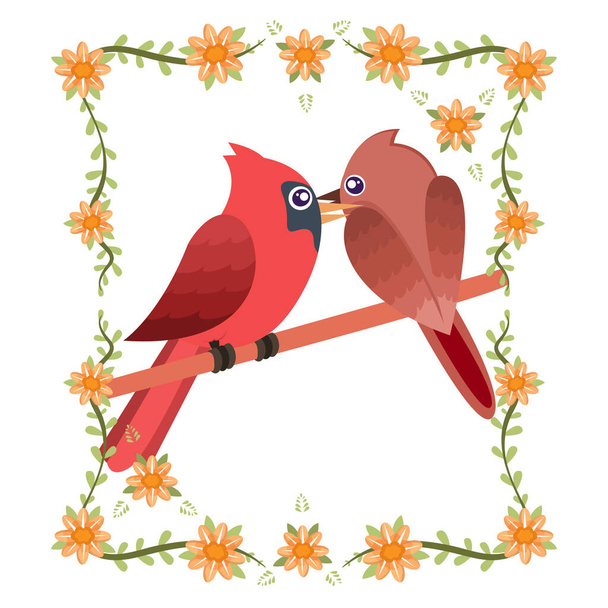 Isolated cute birds in love Floral frame Vector - Vetor, Imagem