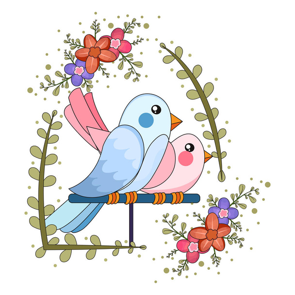 Isolated cute birds in love Floral frame Vector - Vetor, Imagem