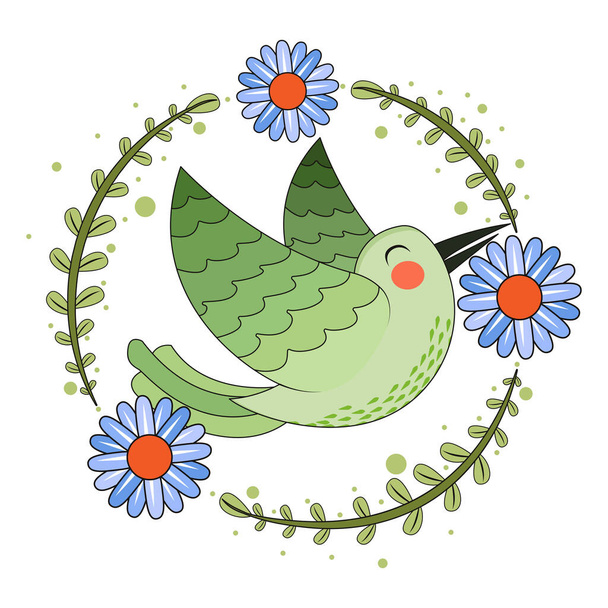 Isolated cute bird in a floral frame Vector - Wektor, obraz