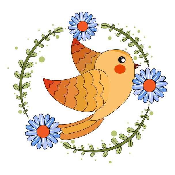 Isolated cute bird in a floral frame Vector - Vector, Image