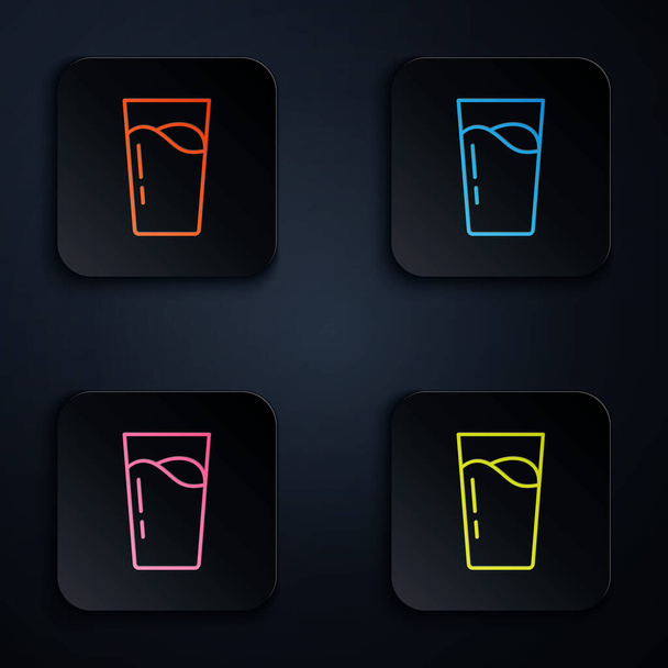 Linea al neon a colori Vetro con icona ad acqua isolata su sfondo nero. Bicchiere di soda. Impostare le icone in pulsanti quadrati. Vettore - Vettoriali, immagini