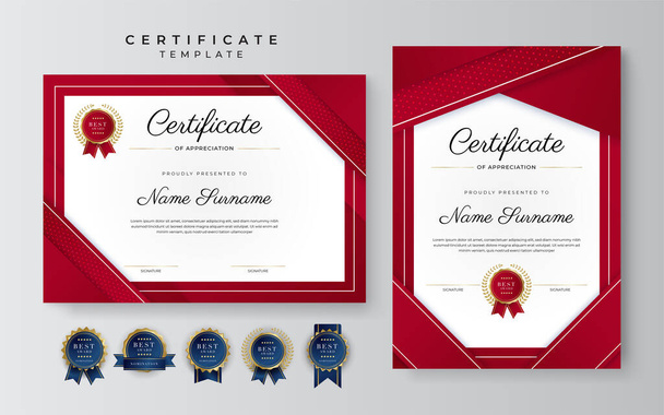 Luksusowy certyfikat uznania szablonu w kolorze czerwonym i złotym, wielofunkcyjna granica certyfikatu z wzorem odznaki. Elegancki wzór świadectwa czerwony i złoty dyplom - Wektor, obraz
