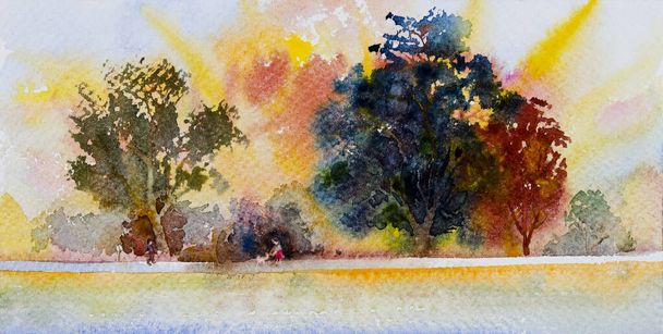 Watercolor landscape original painting on paper colorful of girl, boy, cat go for a walk on road and yellow, red, green leaf tree, field farm  sky background. Hand painted beauty nature autumn season - Photo, Image