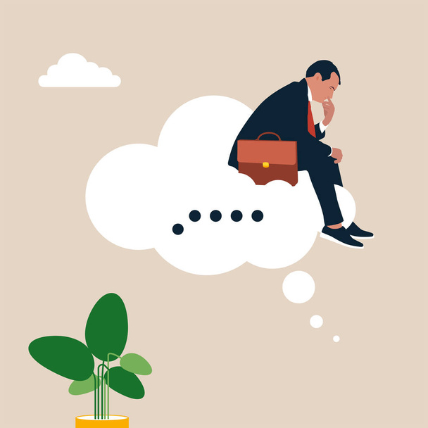 Thoughtful businessman sitting like thinker on thinking bubble. Think of solution, critical thinking to solve problem, focus on new idea, concentration or philosophy, skeptical or rational concept. - Vector, Image