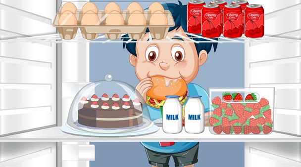 Мальчик ищет продукты питания в холодильнике иллюстрация - Вектор,изображение