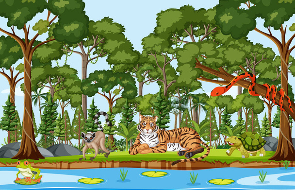 Vadon élő állatok rajzfilmfigurák az erdőben jelenet illusztráció - Vektor, kép