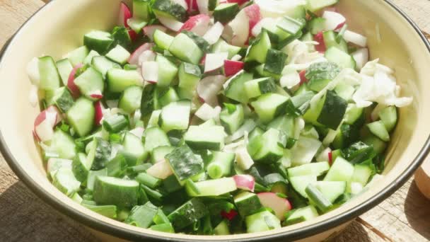  mensenhand roert gehakte groenten in een pan met een mes. - Video