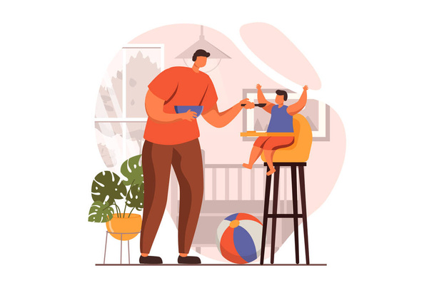 Newborn child in young family web concept in flat design. Happy dad spoon feeds his little son sitting on highchair in kitchen. Father takes care of small kid. Vector illustration with people scene - Vector, Image
