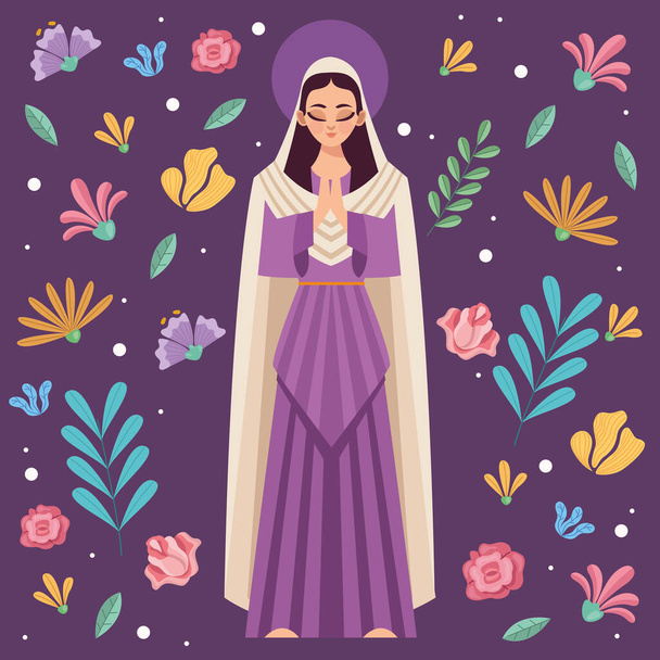 purple mary virgin and flowers - Вектор,изображение
