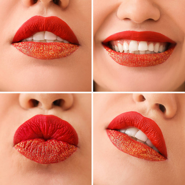 Kolaż z pięknymi czerwonymi ustami, zbliżenie - Zdjęcie, obraz