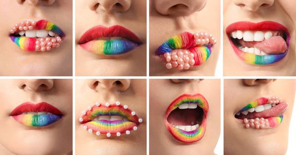 Kolaż z wieloma tęczowymi kobiecymi ustami, zbliżenie - Zdjęcie, obraz
