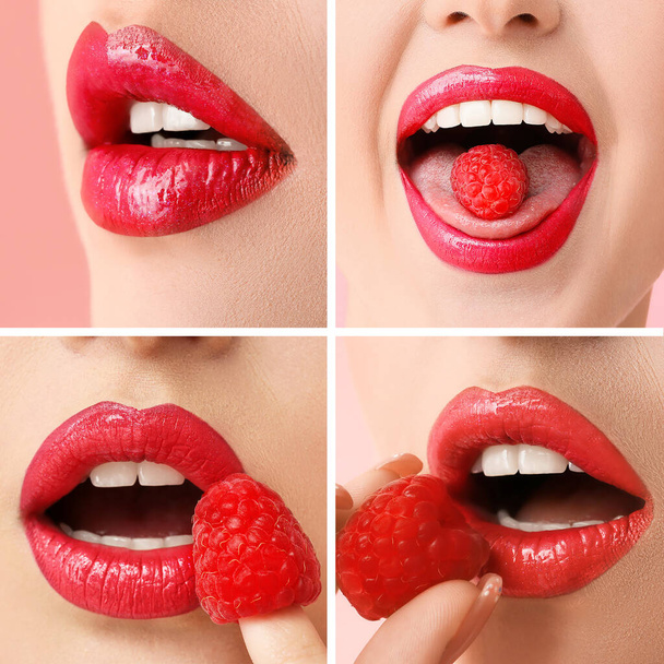 Set of beautiful young woman with pink lips and raspberry, closeup - Photo, Image