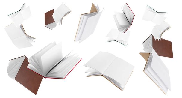Many flying books isolated on white - Фото, изображение