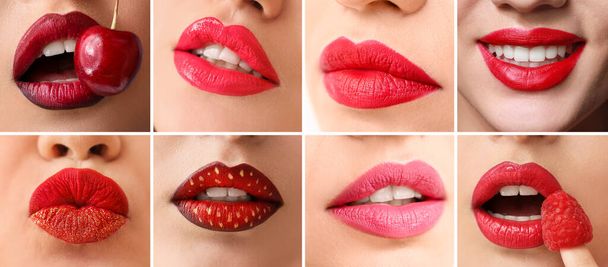 Collage with beautiful red and pink female lips, closeup - Photo, Image