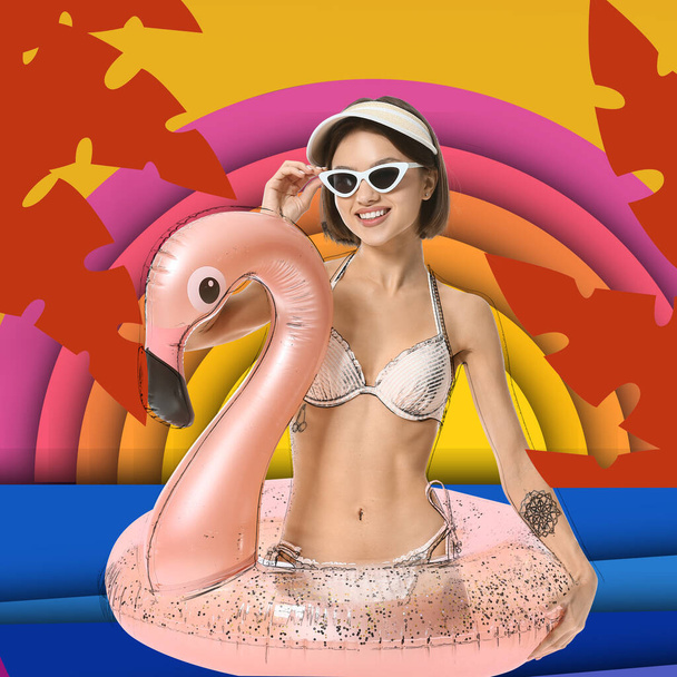 Sommer-Collage mit schöner junger Frau und aufblasbarem Ring - Foto, Bild