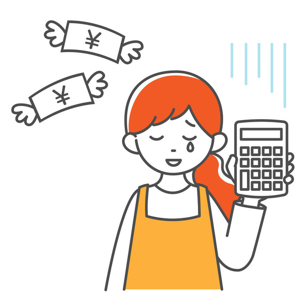 Het is een eenvoudige illustratie van een huisvrouw die teleurgesteld is in een rekenmachine en vliegend geld.Vectorgegevens die gemakkelijk te bewerken zijn. - Vector, afbeelding