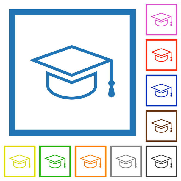 Tappo graduazione contorno icone a colori piatte in cornici quadrate su sfondo bianco - Vettoriali, immagini